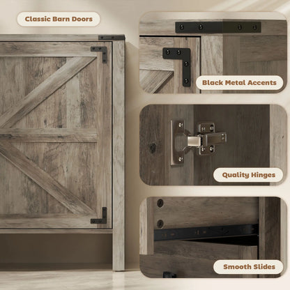 59" Buffet Cabinet, Farmhouse Sideboard, 2 Barn Doors, 4 Drawers, Grey Storage Cabinets at Gallery Canada
