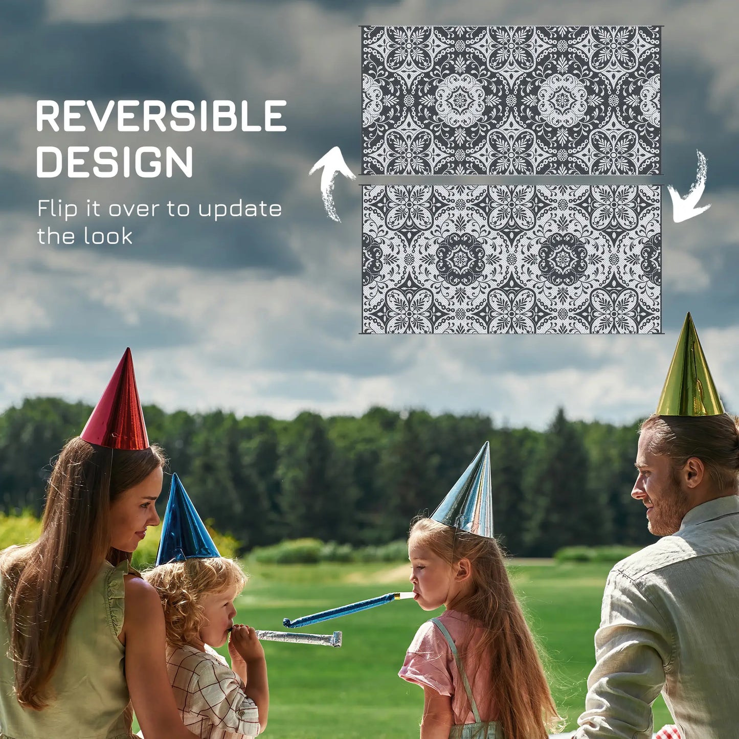 Portable Outdoor Rug with Carry Bag, 9' x 18', Waterproof, White Flower, Gray Outdoor Reversible Rugs at Gallery Canada