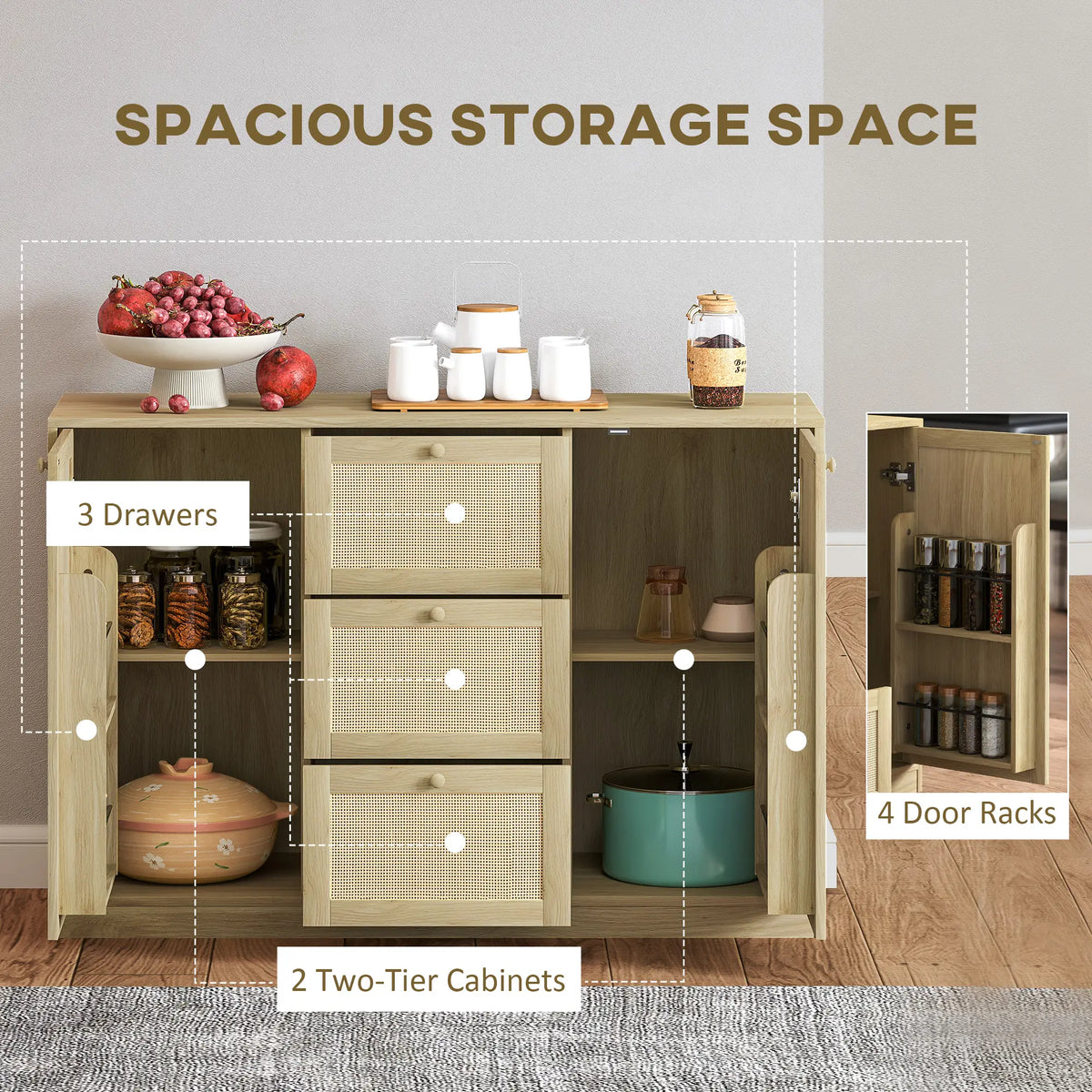 Boho Sideboard Buffet Cabinet, Kitchen Coffee Bar, 3 Drawers, 2 Shelves, 4 Racks, Natural Storage Cabinets at Gallery Canada