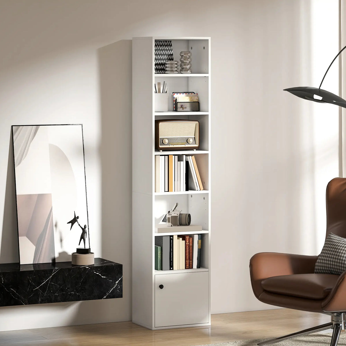 7-Tier Bookcase, Display Shelf with Cabinet, White Display Bookshelves at Gallery Canada