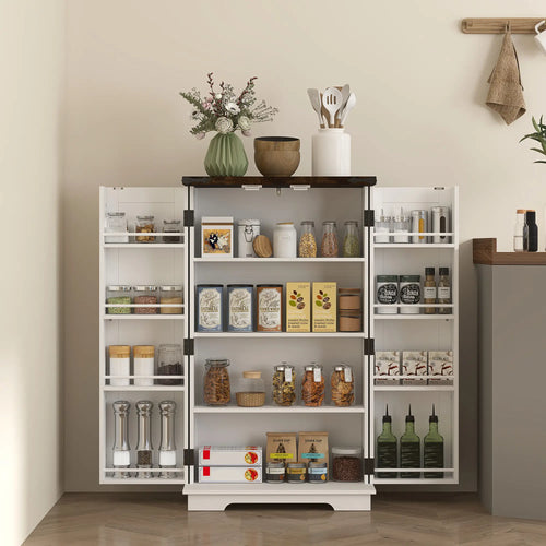 Farmhouse Kitchen Pantry Cabinet, Adjustable Shelves, White
