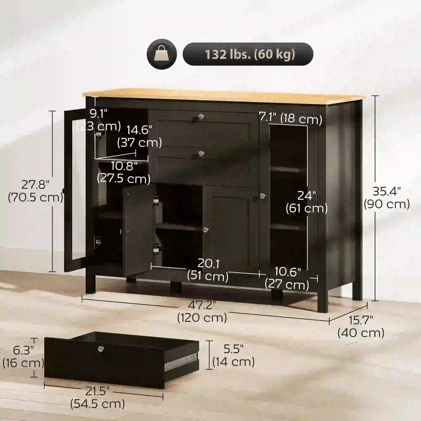 Buffet Cabinet Sideboard, 2 Drawers, 3 Storage Cabinets, Glass Doors, Dark Brown Bar Cabinets at Gallery Canada