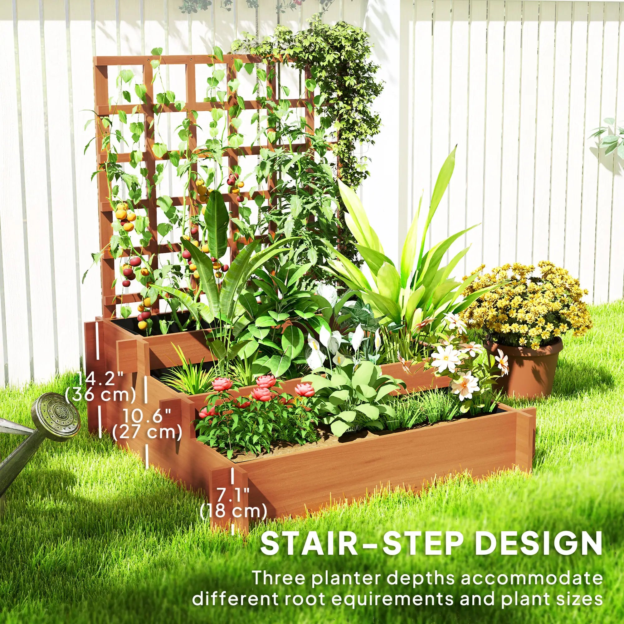 Wooden Elevated Planter Box with Trellis, 3 Tier Raised Garden Bed, Brown Raised Garden Beds at Gallery Canada