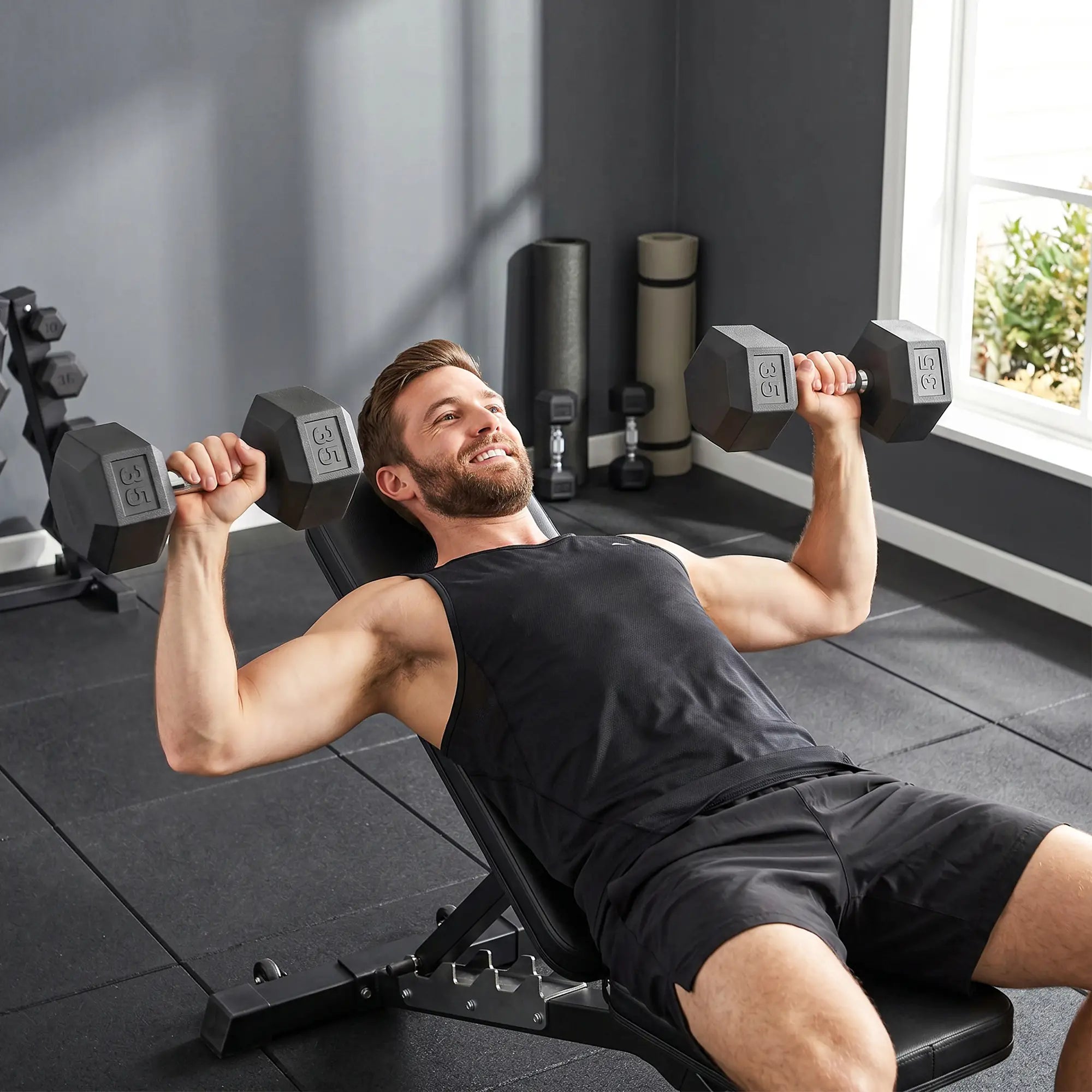 2X35 lbs Rubber Hex Dumbbell Set, Black, Black Dumbbells & Barbells at Gallery Canada