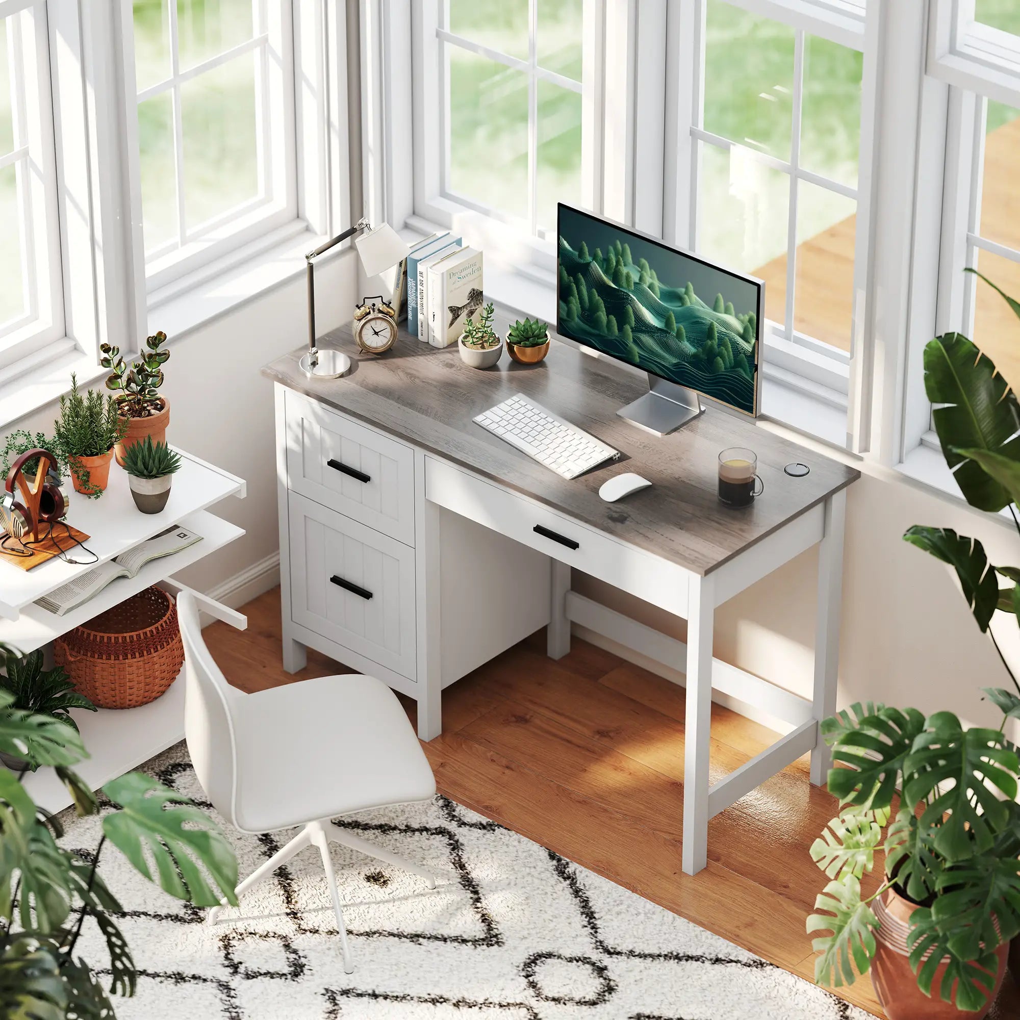 Farmhouse Computer Desk, 3 Drawers, Wood Grain Top, White Computer Desks at Gallery Canada