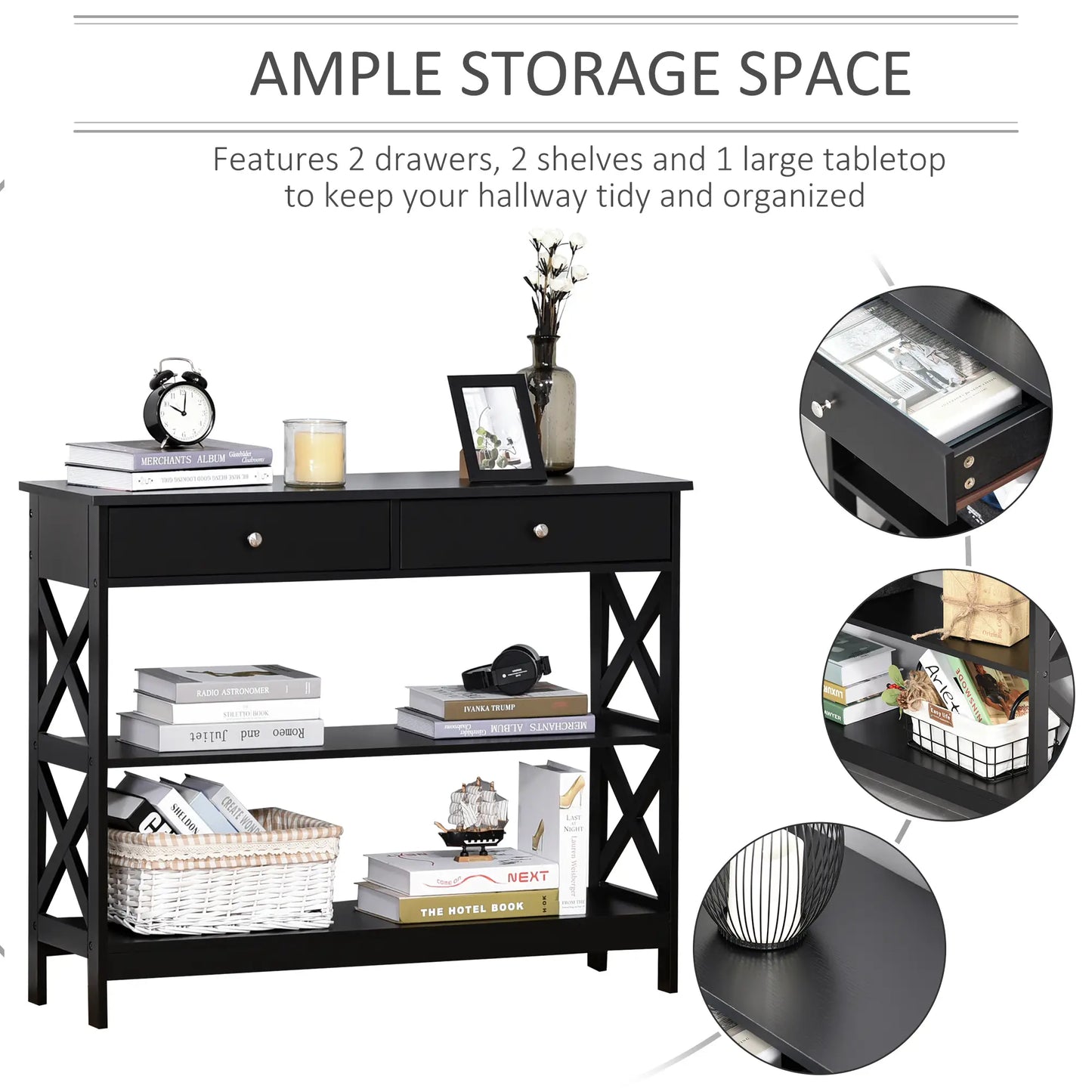 39" Narrow Console Table, Storage Shelves, Drawers, X Frame, Black Console Tables at Gallery Canada