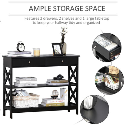 39" Narrow Console Table, Storage Shelves, Drawers, X Frame, Black Console Tables at Gallery Canada