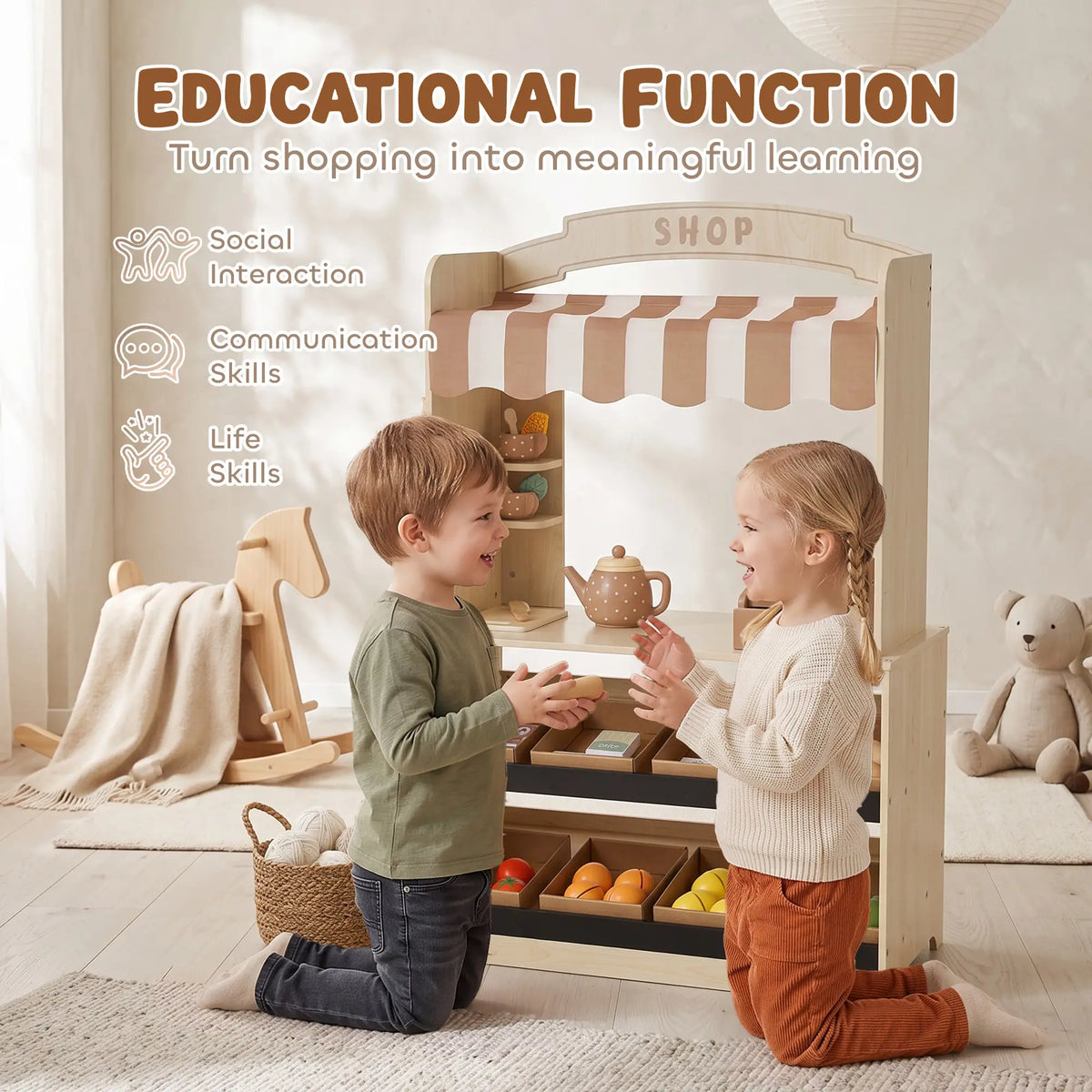 Wooden Grocery Store Playset, 61 Accessories, Play Food, Cash Register Toy Playsets at Gallery Canada