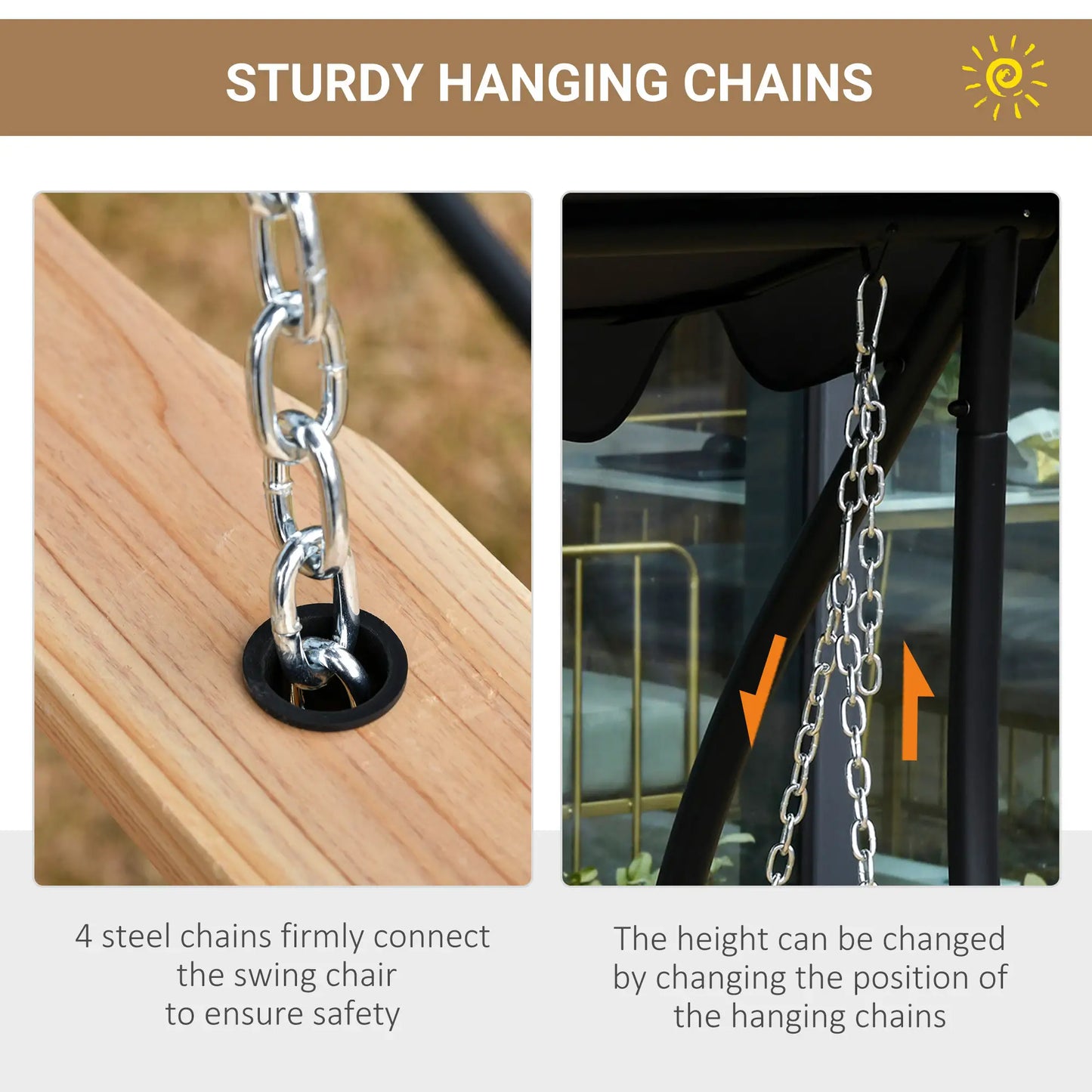 3 Seater Wood Patio Swing, Foldable Table, Cup Holders, Steel Chains, Natural Hanging Porch Swings at Gallery Canada