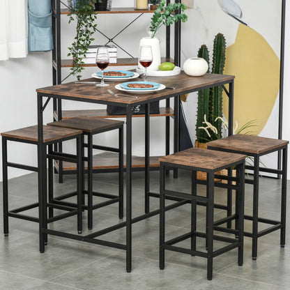 5-Piece Industrial Rectangular Bar Table Set, 4 Stools, Rustic Brown, Brown Bar Sets at Gallery Canada