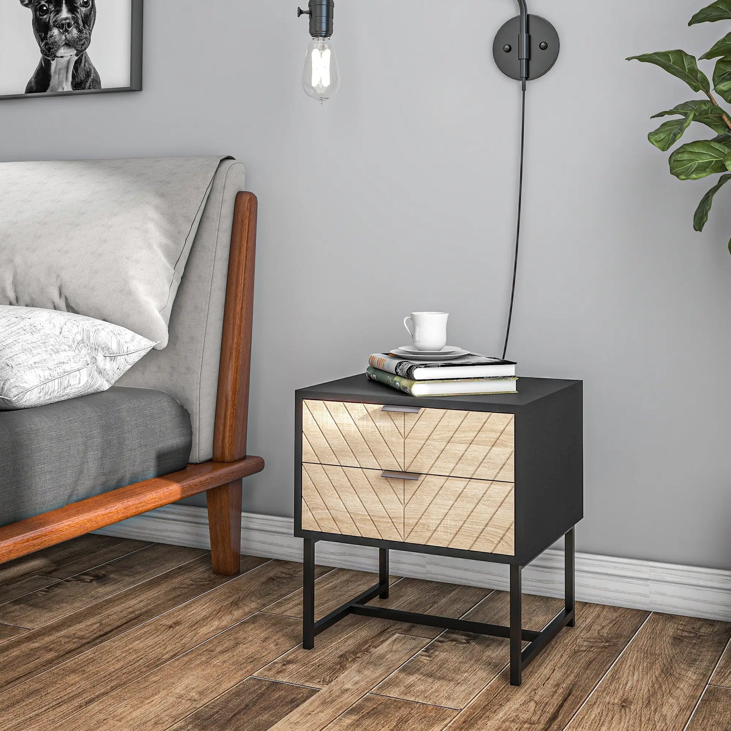 Modern Bedside Table, 2 Drawers, Steel Frame, Oak, Black Bedside Tables at Gallery Canada