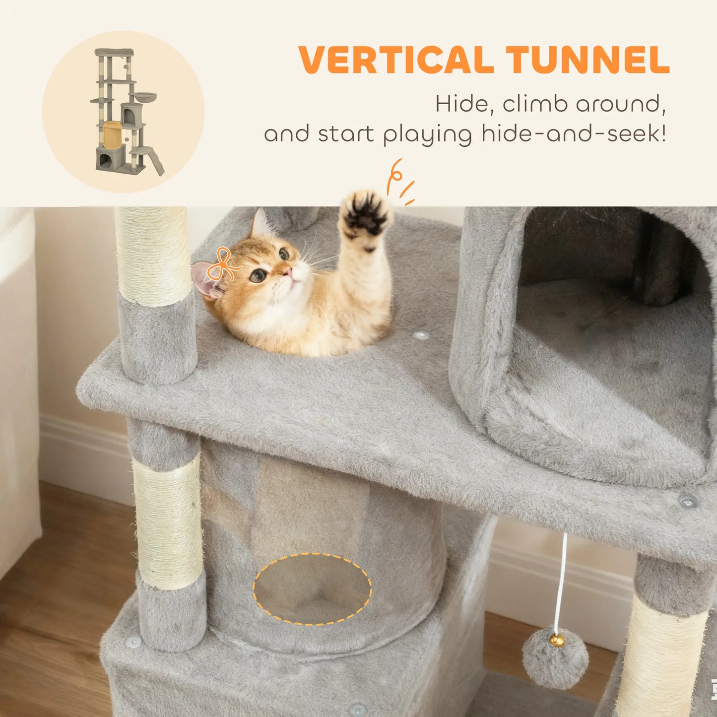 67" Large Cat Tree with 7 Scratching Posts, Tunnel, 2 Condos, Hammock, Perch, Ramp, Pompoms, Light Grey Multi-Level Cat Towers at Gallery Canada