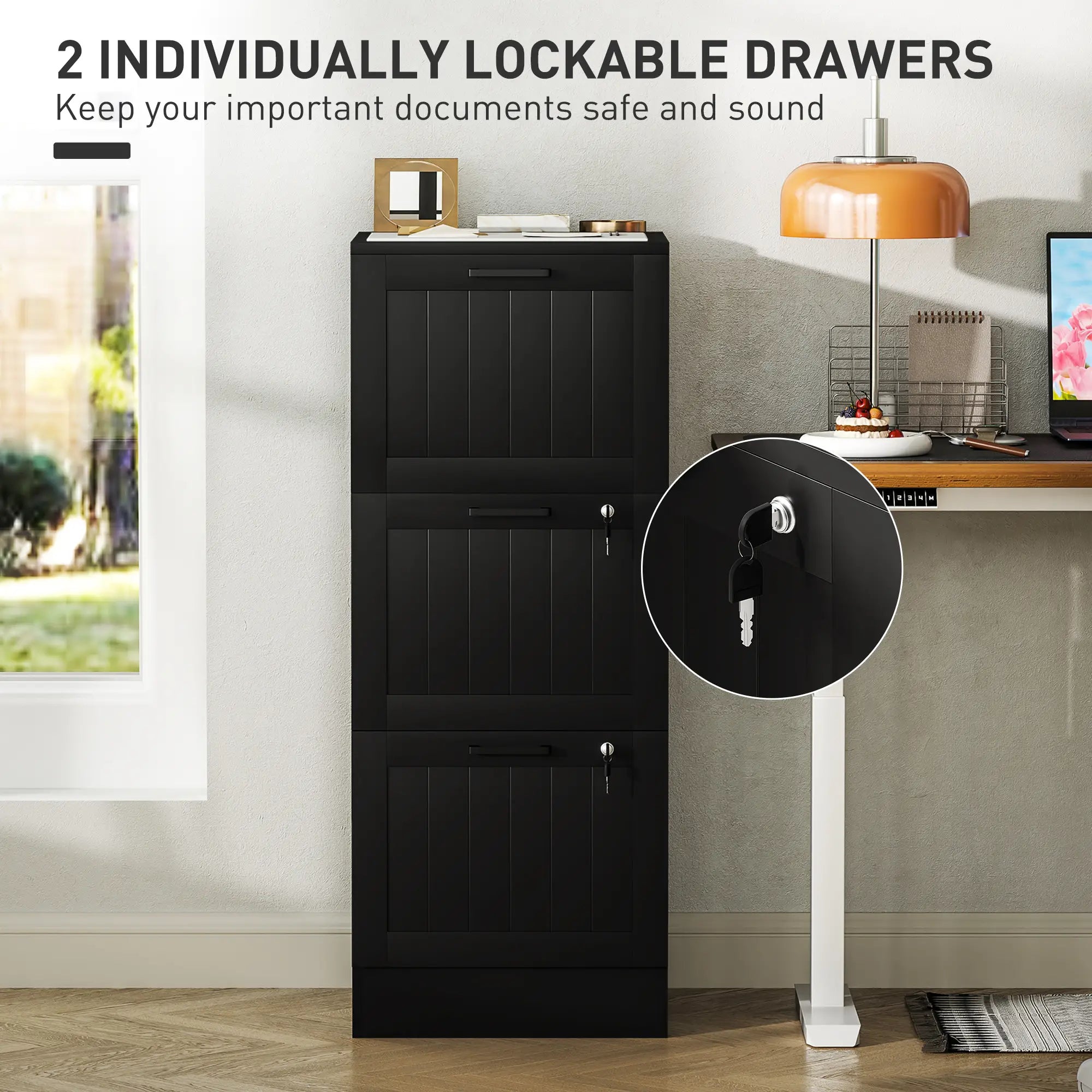 3 Drawer Filing Cabinet with Lock, Adjustable Hanging Bars, Black Office Cabinets & Cupboards at Gallery Canada