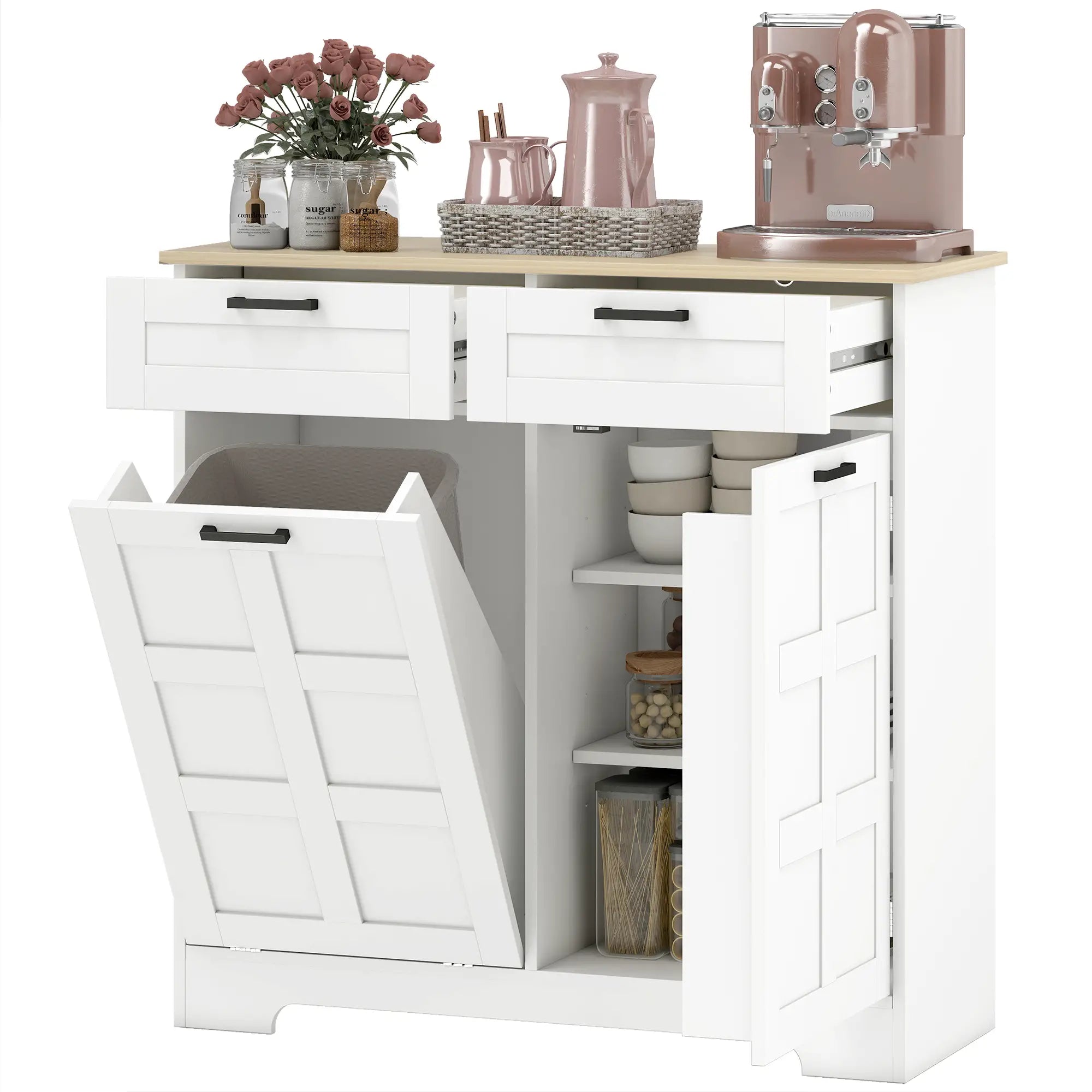 7 Gallon Tilt Out Garbage Cabinet, Kitchen Island, 2 Drawers, White Bar Cabinets White, Natural at Gallery Canada