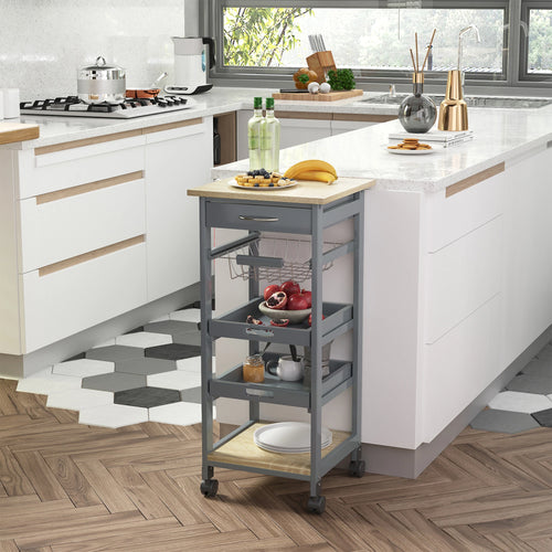 Rolling Kitchen Island Cart, Mobile Storage with Drawer, Wire Basket, Grey