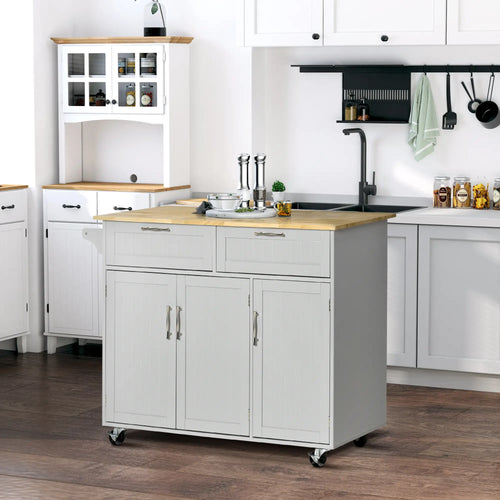 Rolling Kitchen Island, Cart with 2 Drawers, 3 Door Cabinets, 3-Doors, Grey