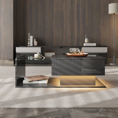 Coffee Table, Tempered Glass Top, LED Light, Adjustable Height, 39.5" L x 19.5" W x 13" H, Black Coffee Tables at Gallery Canada