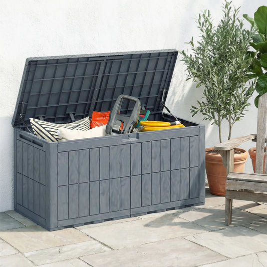 100 Gallon Resin Deck Box, Waterproof Lockable Outdoor Storage Patio Storage Boxes Grey Wood Effect at Gallery Canada