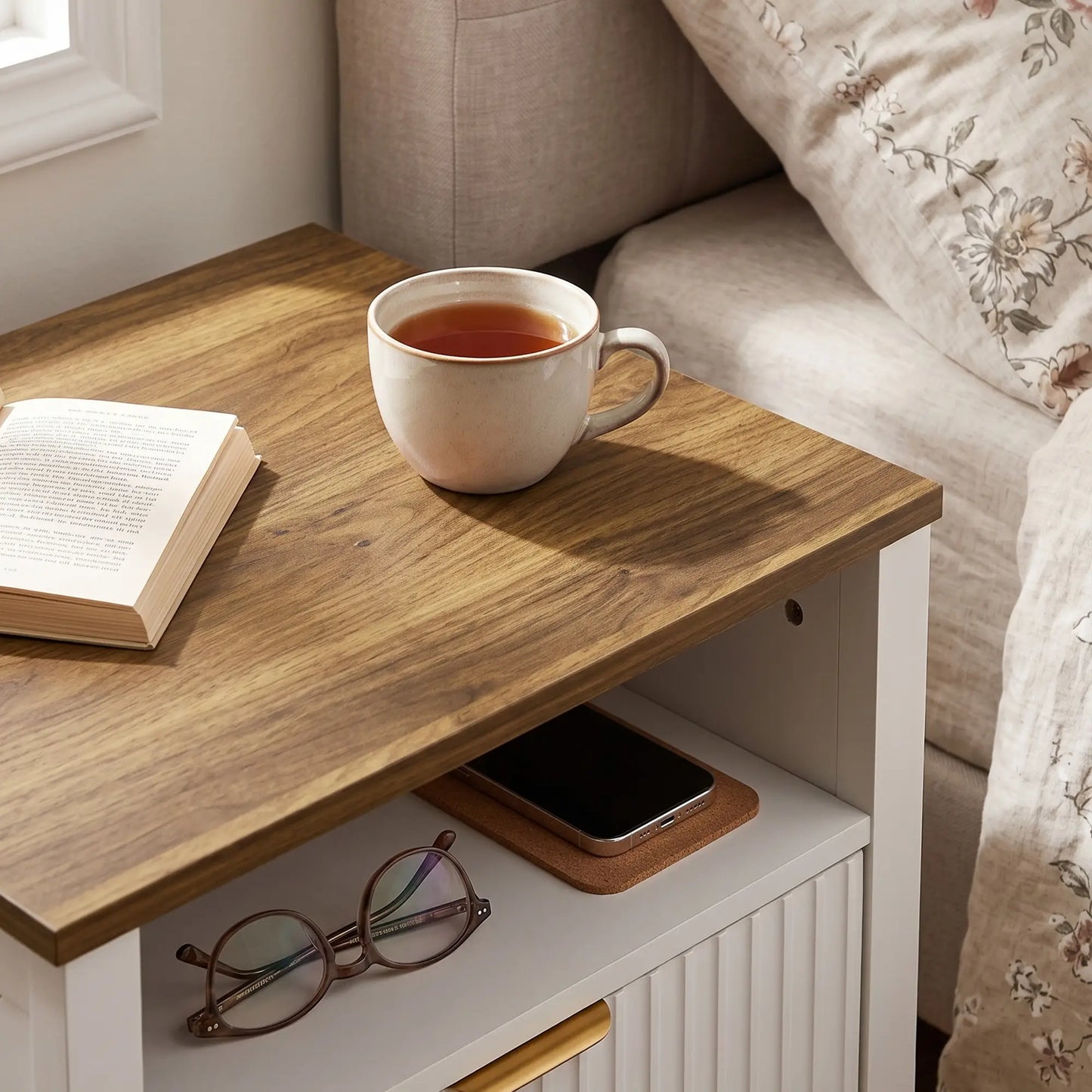 Nightstand With 2 Fluted Drawers, Open Shelf, Anti-Tipping, White Walnut, White Walnut Bedside Tables at Gallery Canada