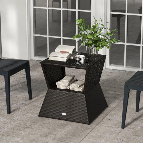 Outdoor Rattan Coffee Table, Garden Side Table w/ Umbrella Hole, Dark Coffee