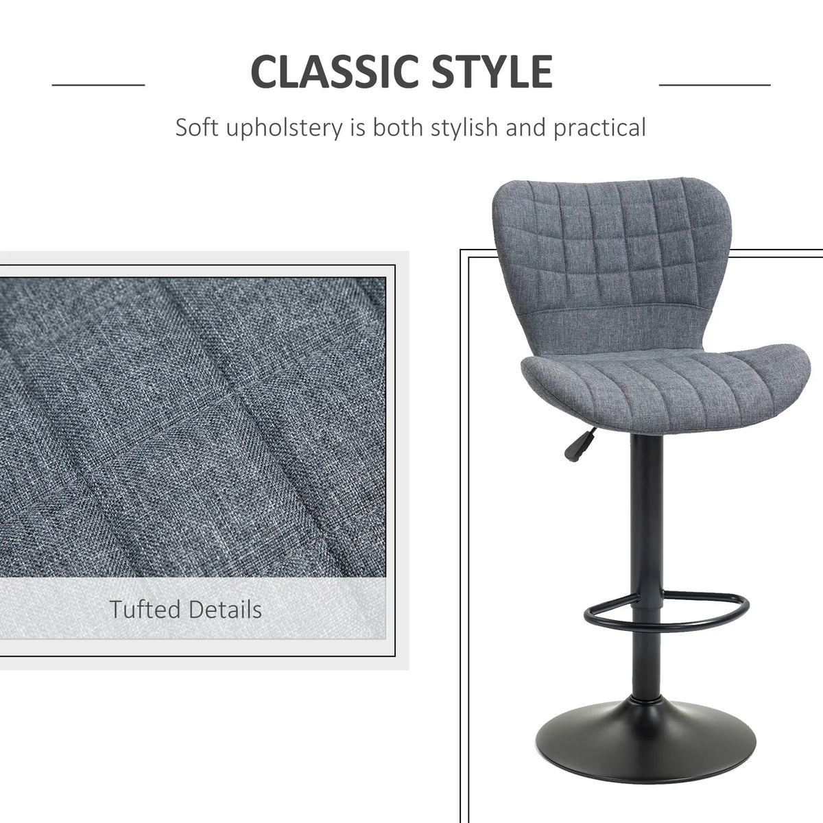 Adjustable Swivel Bar Stools Set of 2, Linen Fabric, Grey Bar Stools at Gallery Canada