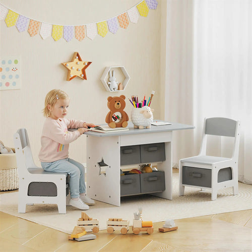 3 Piece Kids Table and Chair Set, 6 Removable Drawers, Light Grey