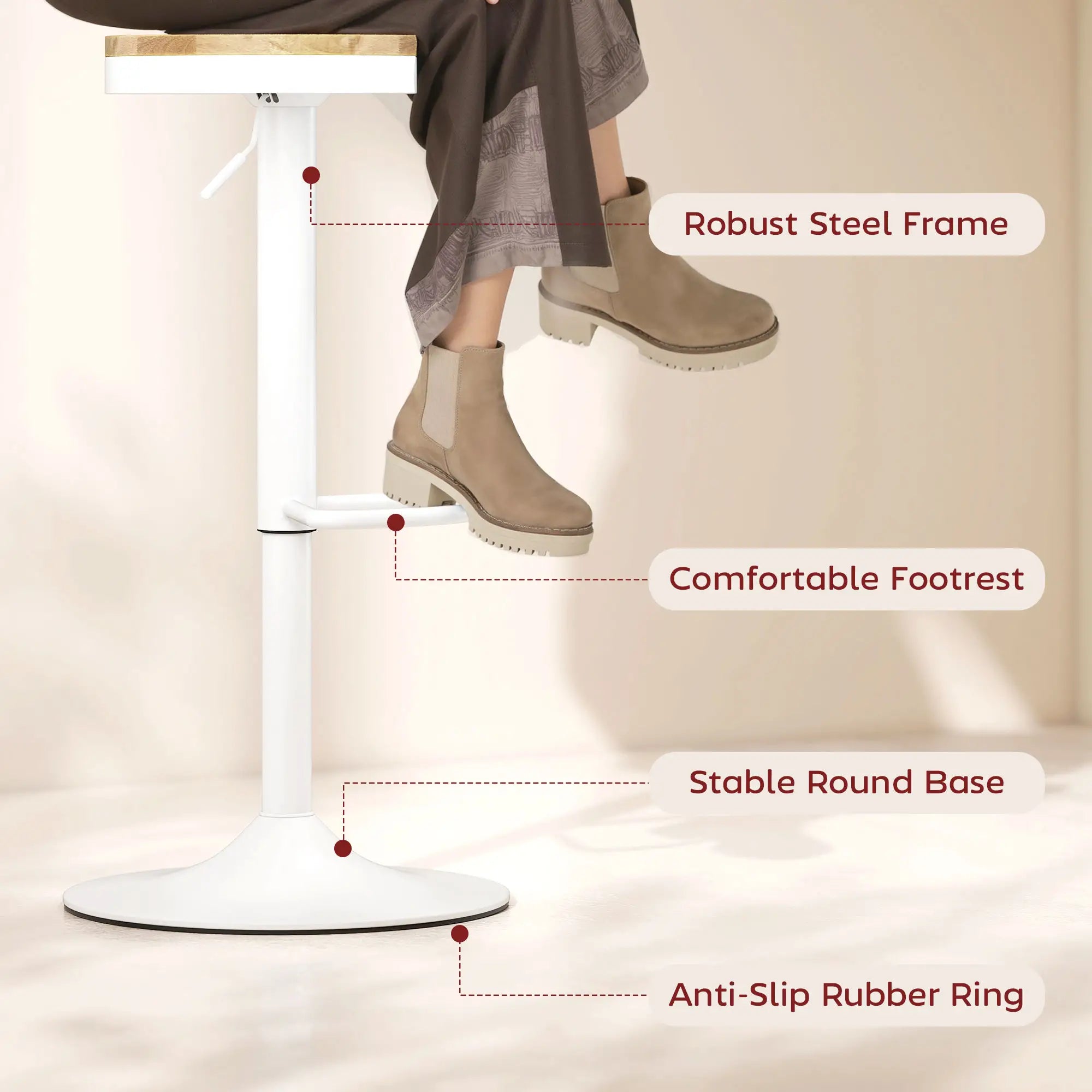 Swivel Bar Stools Set of 2, Adjustable Height, Natural Wood, White Bar Stools at Gallery Canada