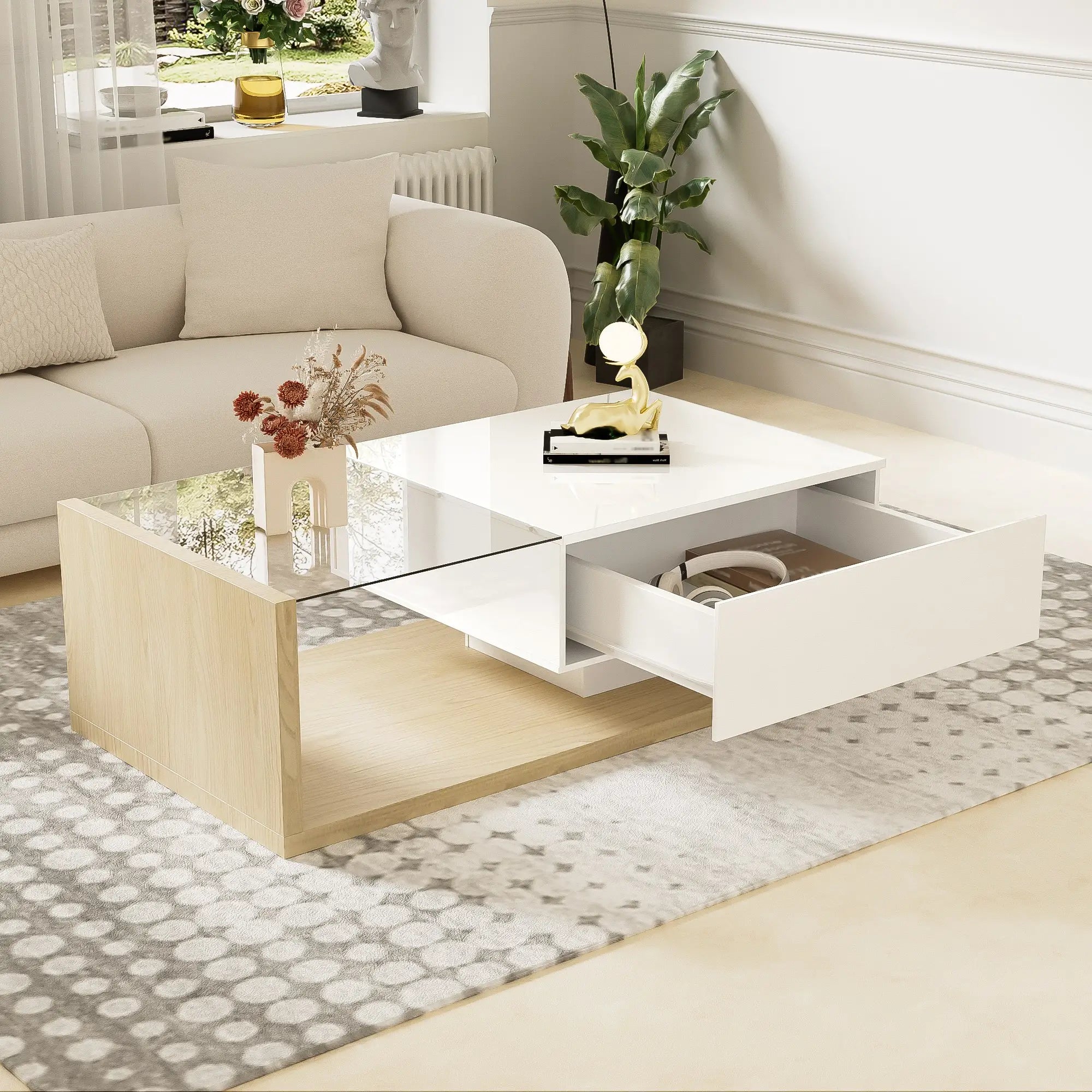 Modern Coffee Table, Glass LED Effect, Storage, 41.5