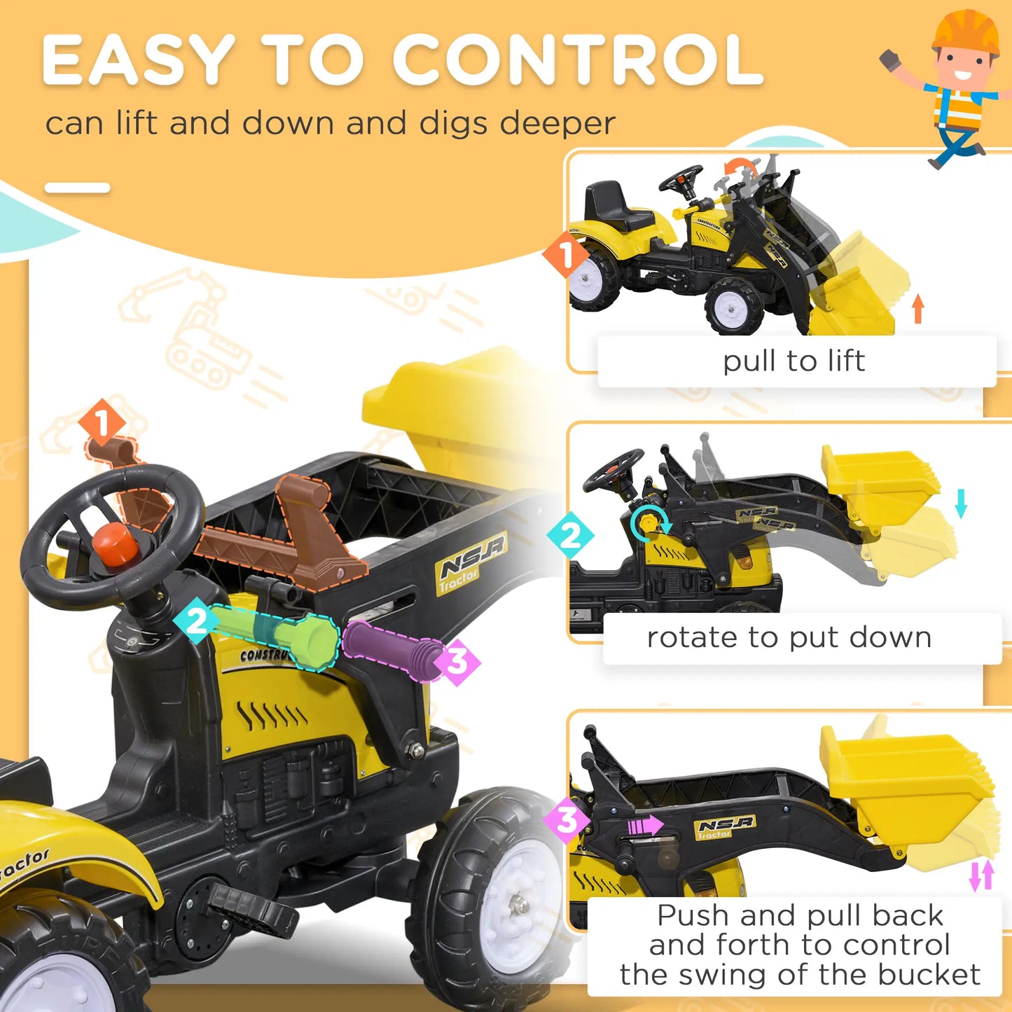 Kids Ride On Tractor, Pedal Construction Car With Front Loader, Yellow Toy Excavators at Gallery Canada