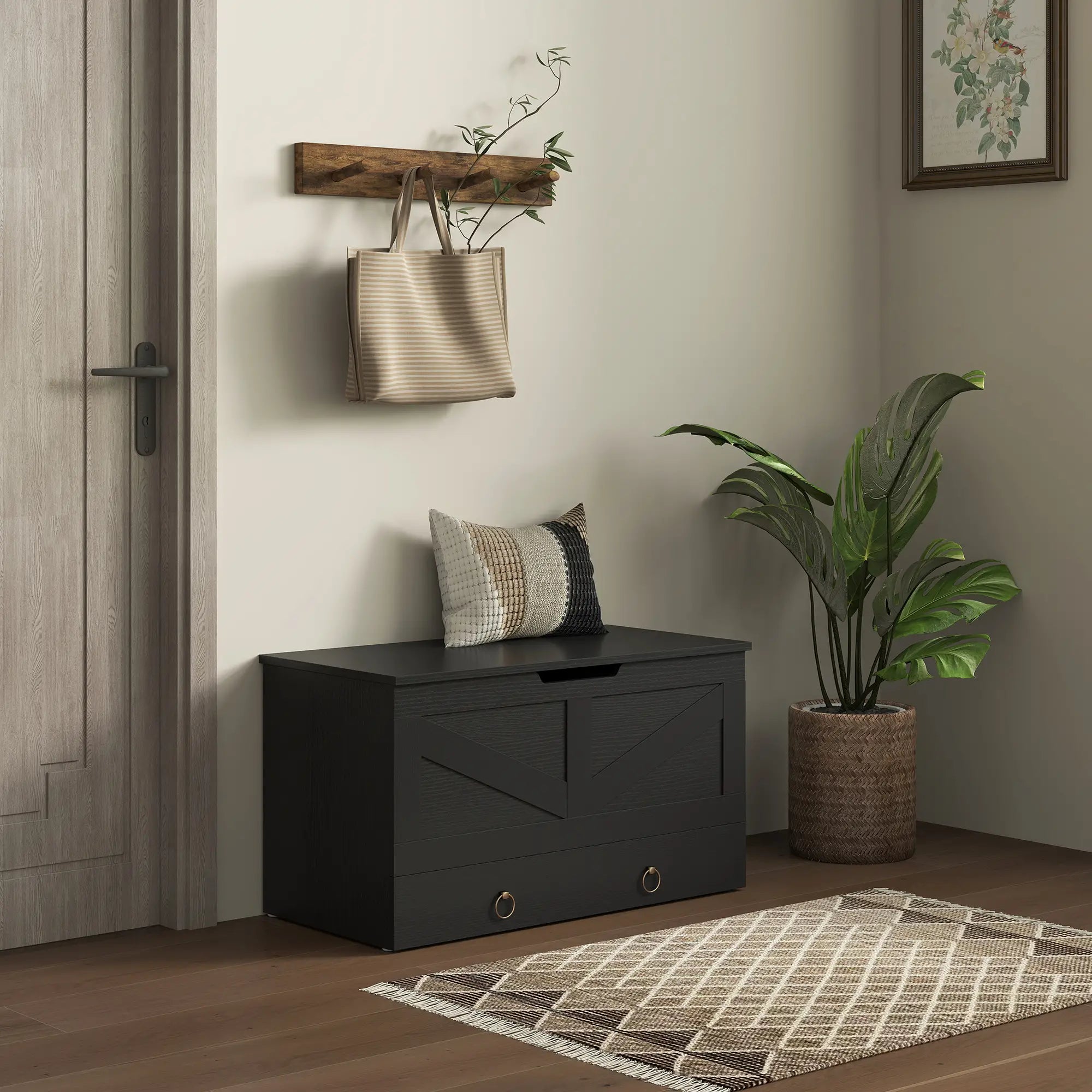 31.5 Inches Storage Chest, Wooden Box, Black Wood Grain, Black Storage Cabinets at Gallery Canada