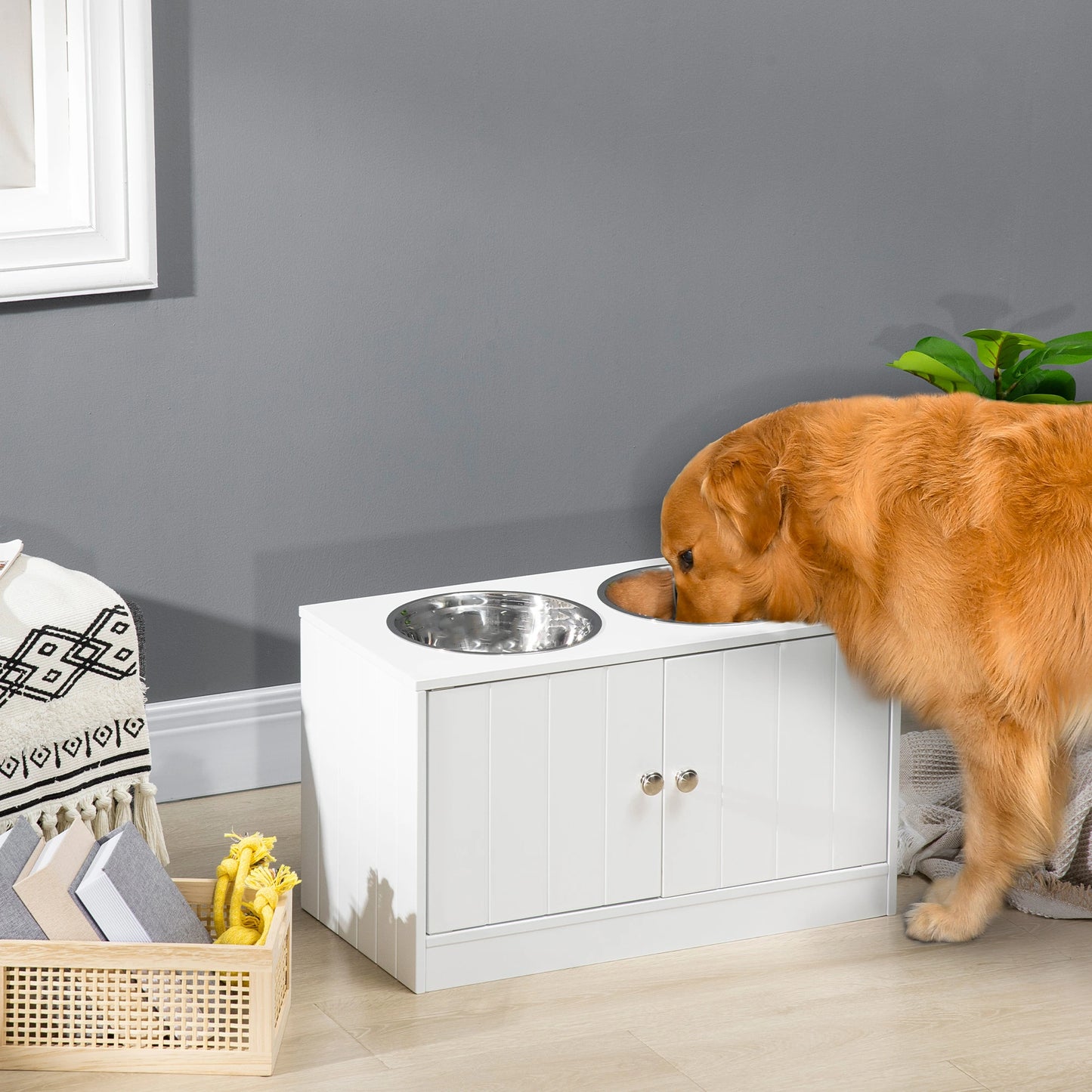 Elevated Dog Bowls, Large Pet Feeding Station with Stand, Storage, 2 Stainless Steel Bowls, 23.6" x 11.8" x 14", White Dog Bowls at Gallery Canada