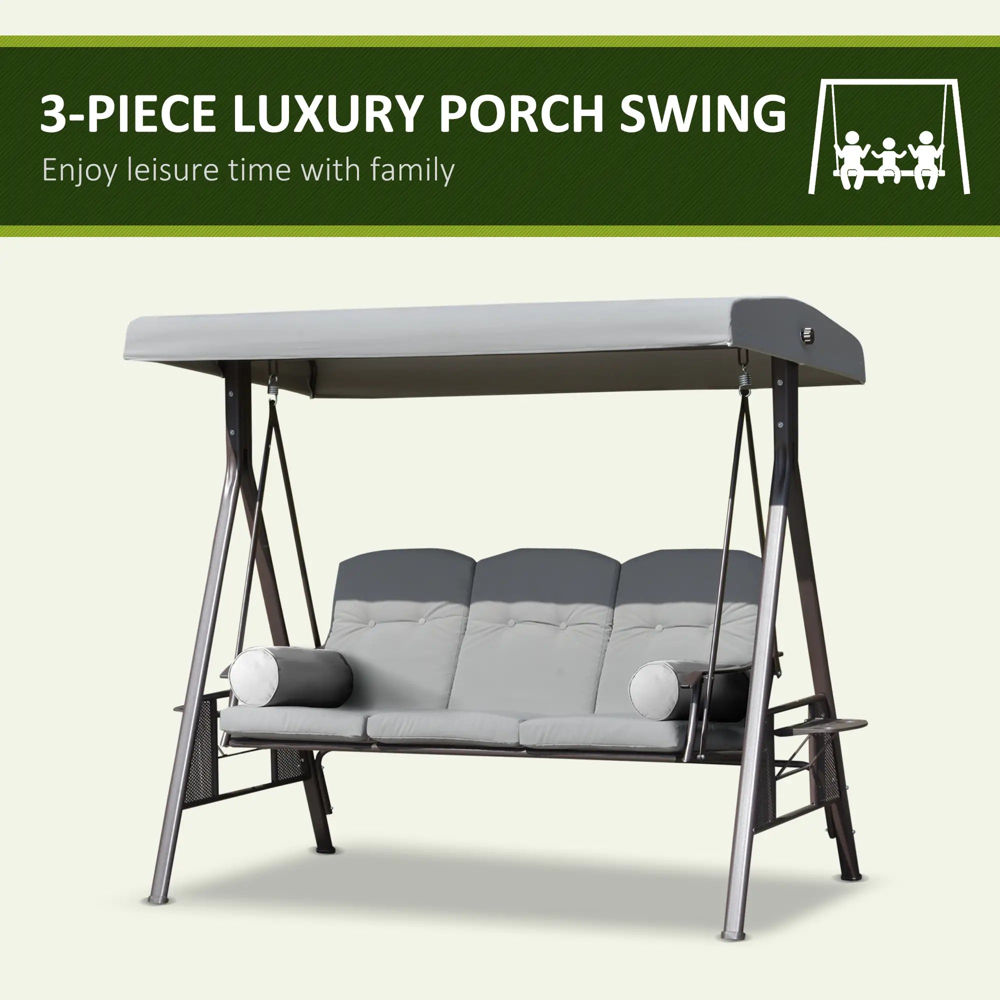 3-Person Steel Canopy Swing, Cushioned Seat, Light Grey Patio Swings with Stand at Gallery Canada