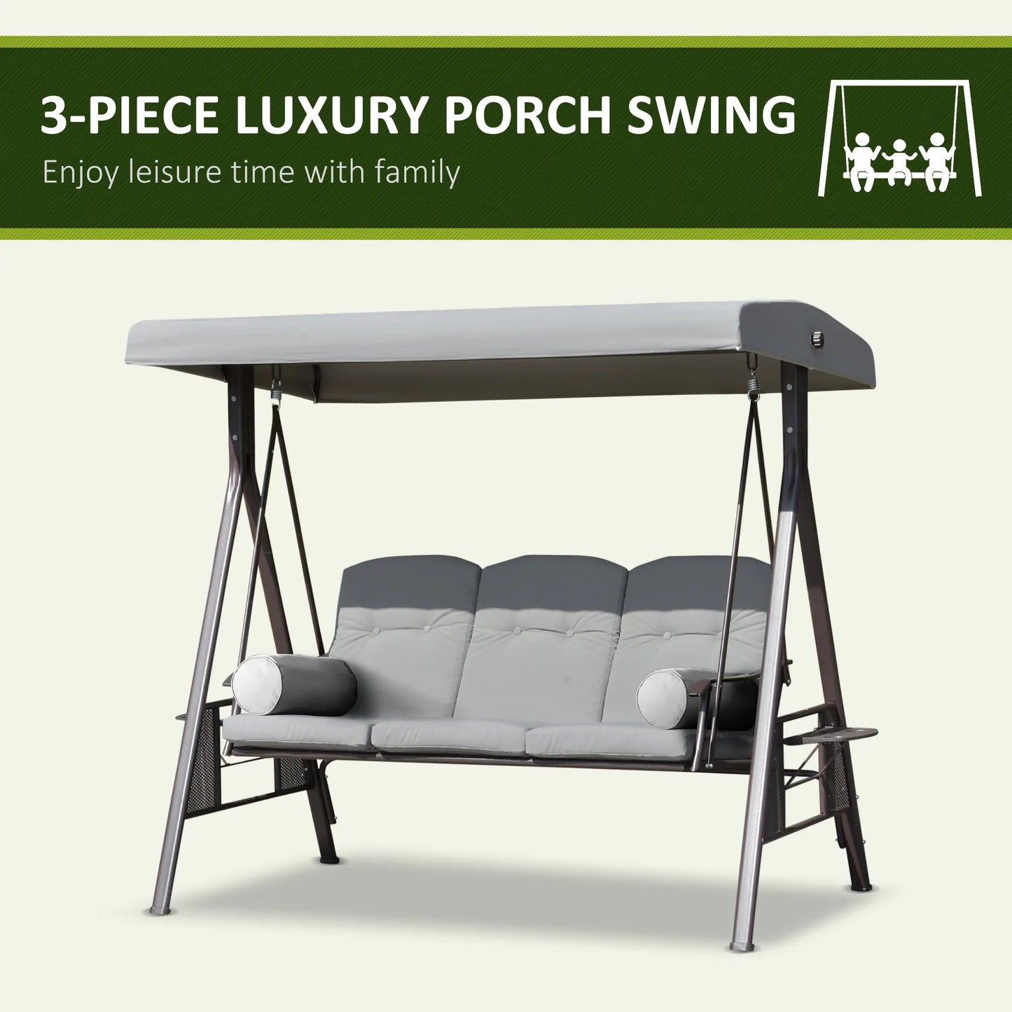 3-Person Steel Canopy Swing, Cushioned Seat, Light Grey Patio Swings with Stand at Gallery Canada