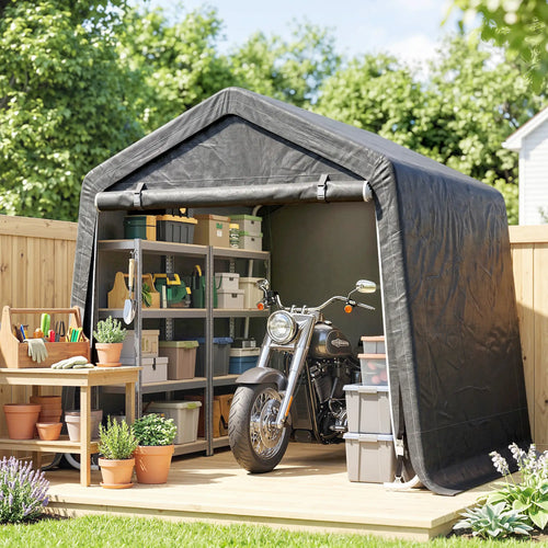 9.2' x 7.9' Garden Storage Tent, Metal Frame, Double Zipper Doors, Dark Grey