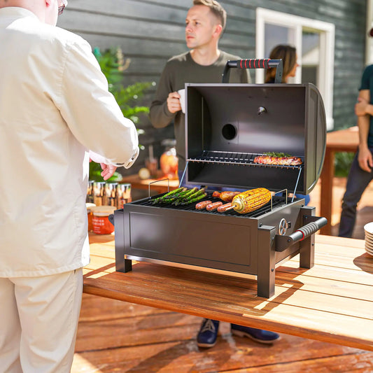Portable Tabletop Charcoal Smoker, Ash Catcher, Thermometer, Black