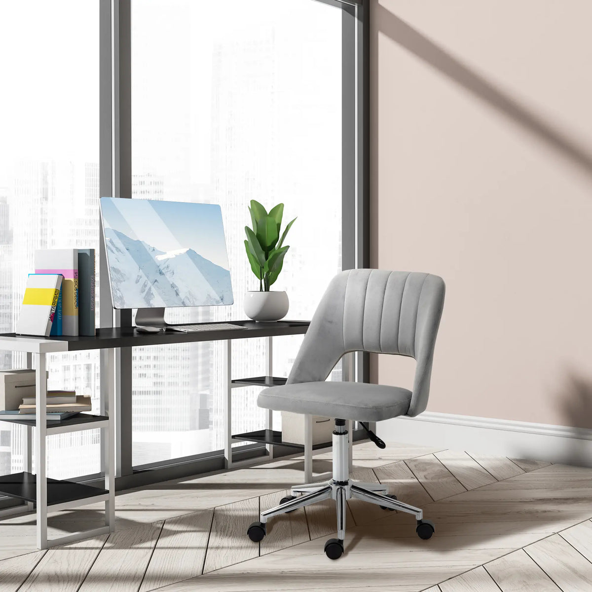 Velvet Swivel Office Chair, Scallop Back, Grey Task Chairs at Gallery Canada