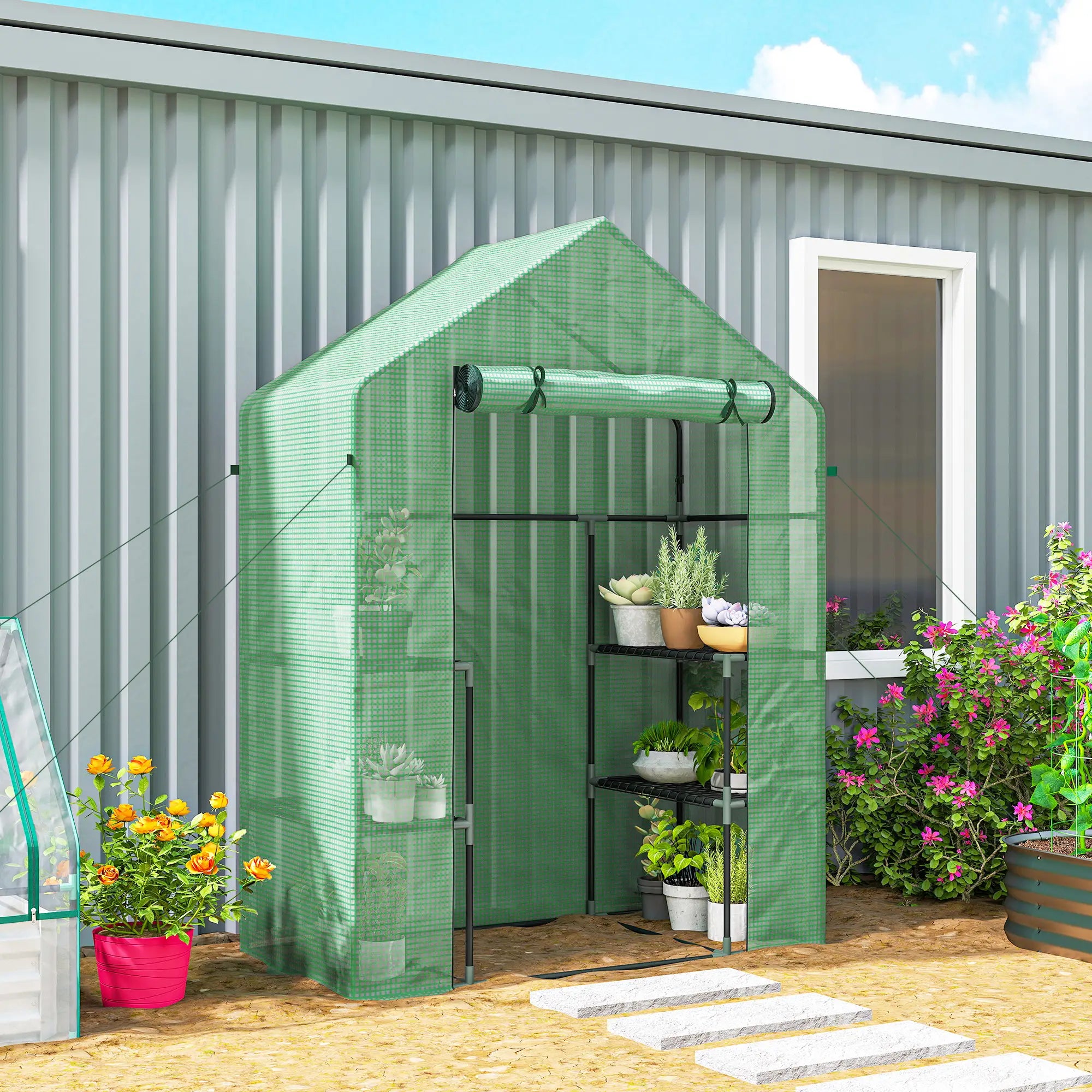 3-Tier Mini Greenhouse, 4 Shelves, Roll-Up Door, 56