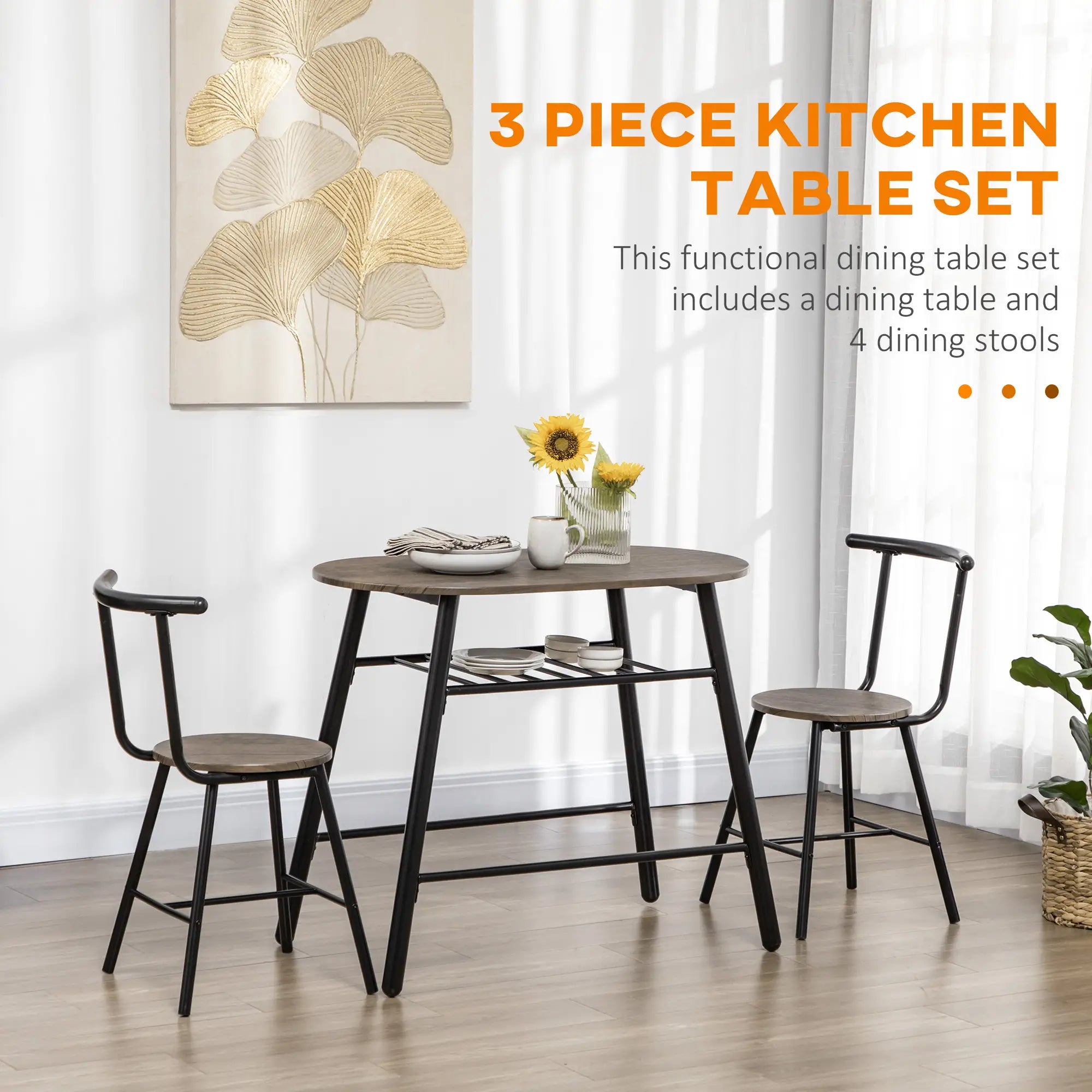 3-Piece Oval Dining Table Set, 2 Chairs, Metal Frame, 35.4