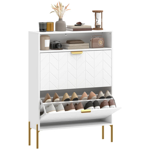 Modern Shoe Cabinet, 2 Flip Drawers, Adjustable Shelves, White