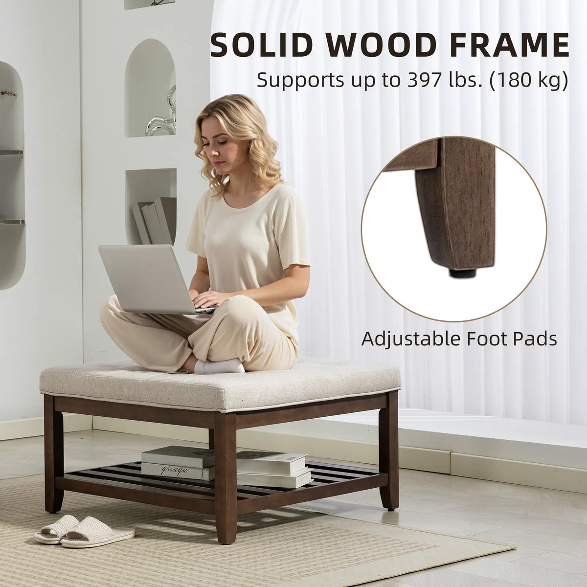 32 Inch Ottoman Coffee Table, Beige Linen Upholstered Storage Footstool, Beige Coffee Tables at Gallery Canada