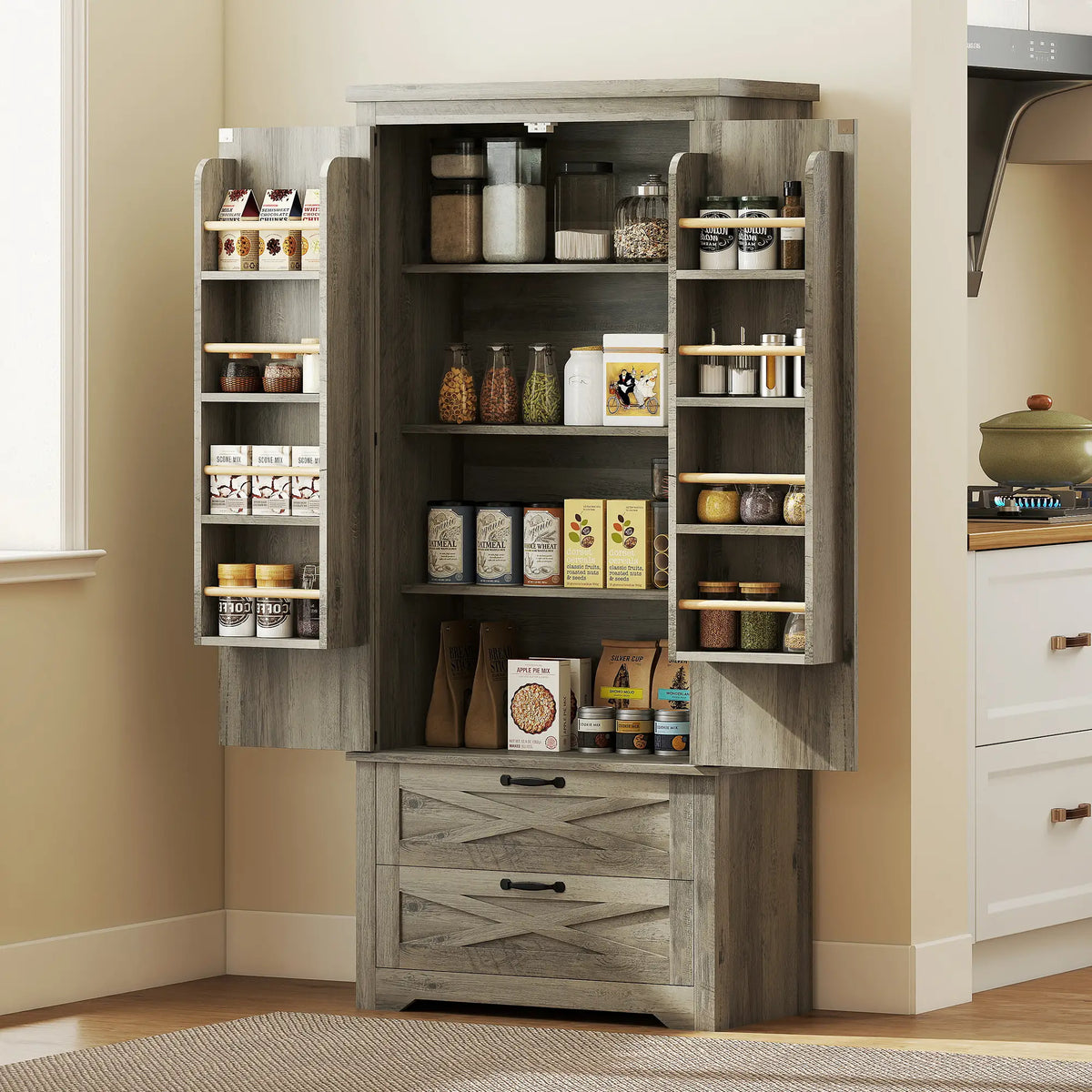 Farmhouse Kitchen Pantry Cabinet, 64" Freestanding with Drawers, Distressed Grey, Grey Kitchen Pantry Cabinets at Gallery Canada