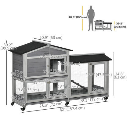 62" Wooden Rabbit Hutch with Wheels, Run Box, Tray, Ramp, Light Grey Rabbit Hutch at Gallery Canada