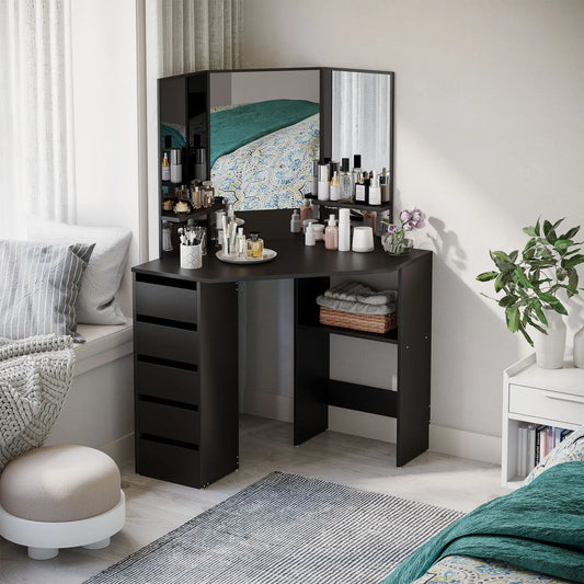 Corner Vanity Desk With Mirror, 5 Drawers, Shelves, Black Dressing & Vanity Tables Black at Gallery Canada