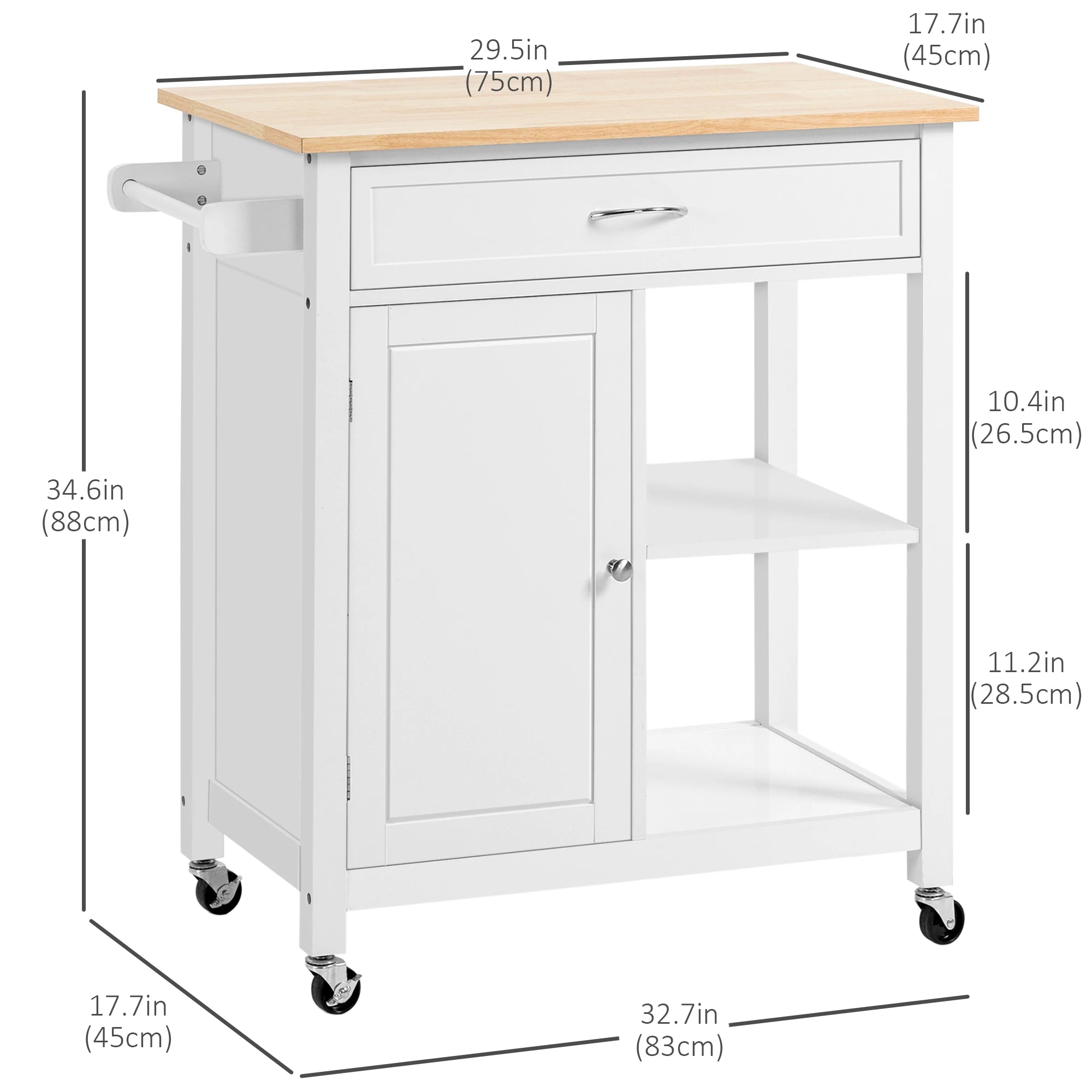 Rolling Kitchen Cart, Wood Top with Drawer, 36.6L x 19.7W x 36H Inches, White Kitchen Islands & Kitchen Carts at Gallery Canada