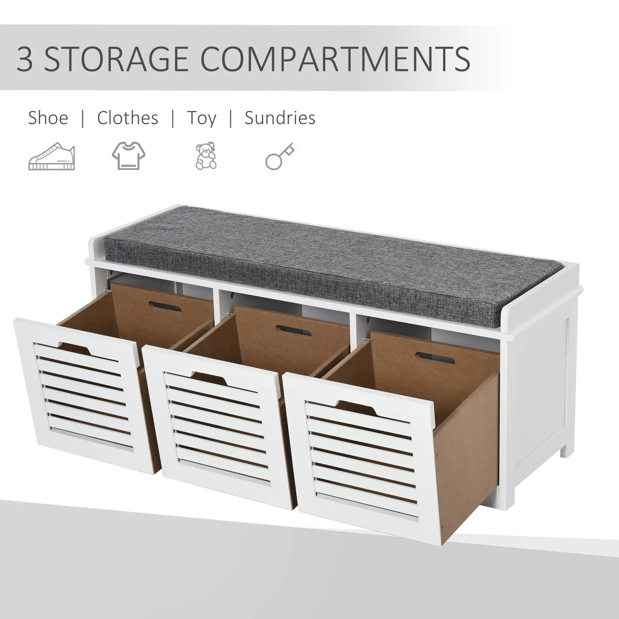 Upholstered Shoe Cabinet Bench, 3 Drawer Storage, White Shoe Storage Cabinets & Racks at Gallery Canada
