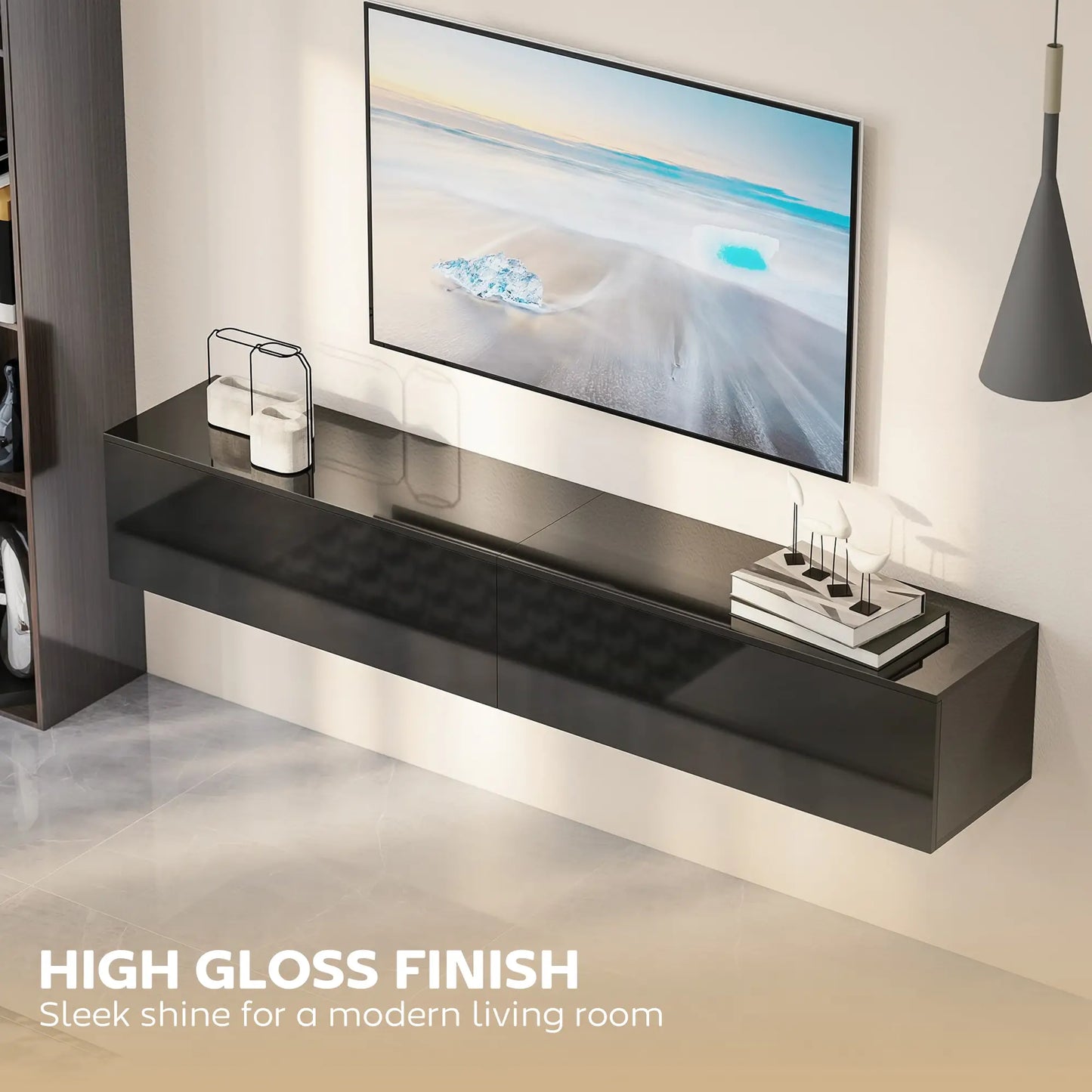 Floating TV Stand For 75 Inch TVs, 70.9 Inch Cabinet, High Gloss, Black TV Stands at Gallery Canada