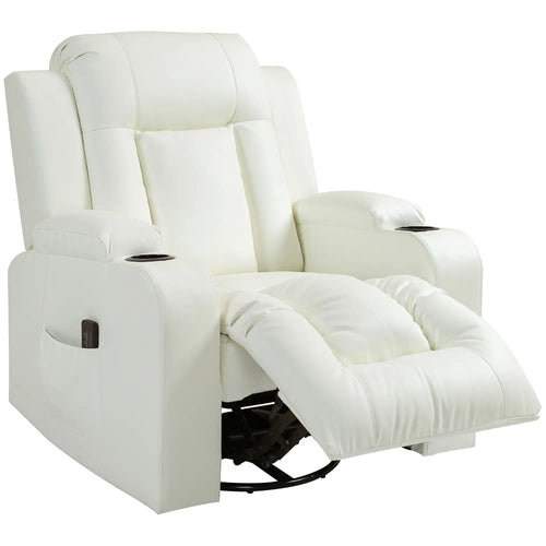 Swivel Massage Recliner Chair, Manual Rocker, PU Leather, Cream White