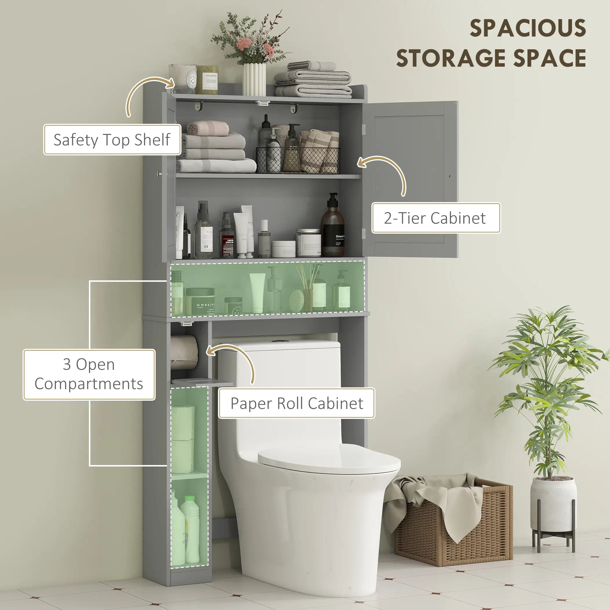 Over Toilet Storage Cabinet, 2 Doors, Toilet Paper Holder, Grey Bathroom Cabinets at Gallery Canada