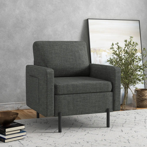 Modern Fabric Accent Armchair, Metal Legs, 2 Side Pockets, Grey