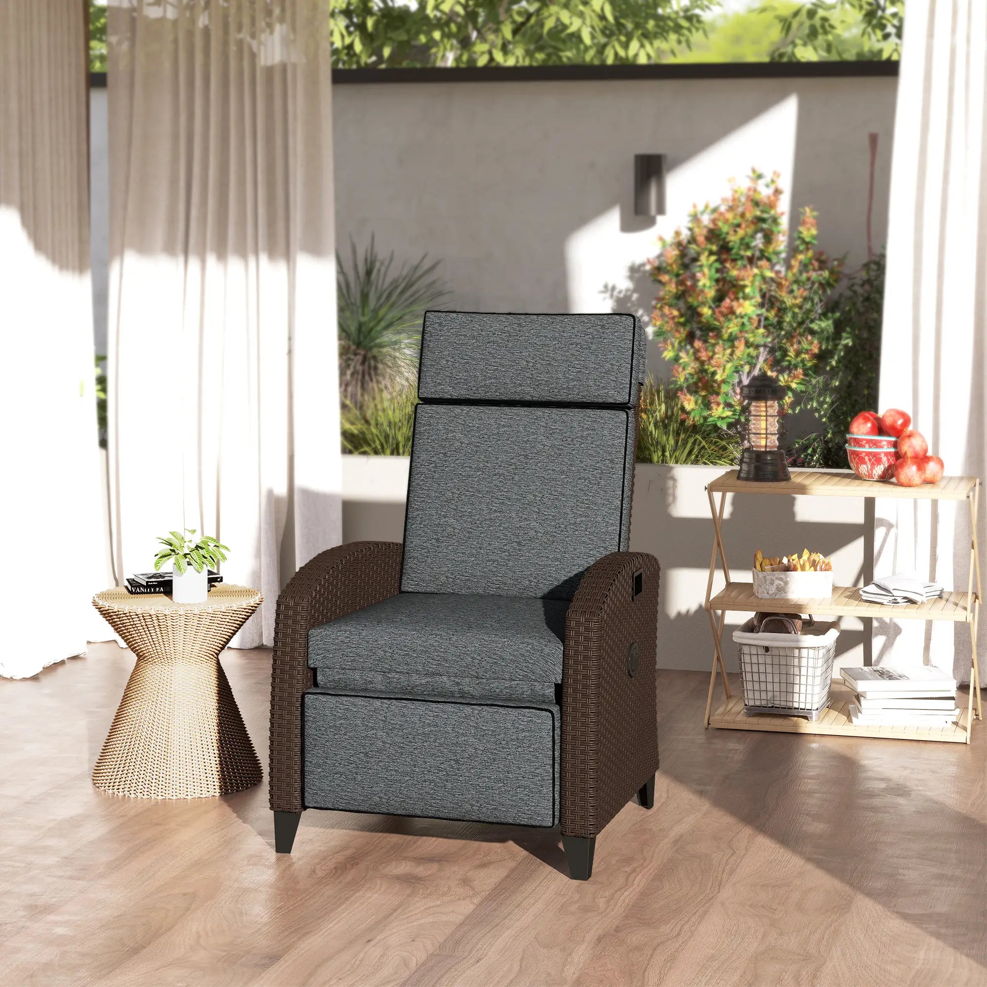 Outdoor Recliner Chair, Adjustable Backrest, Cushion, Side Tray, Dark Grey Wicker Chaise Loungers at Gallery Canada